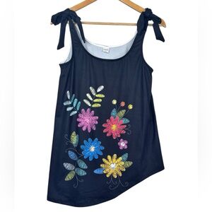 NWT Nanu Black & Floral Design Asymmetrical Hemline Tie Shoulder Summer Top M